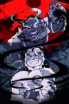  2boys ahoge animal_ears bara bare_pecs belly blue_eyes chest_tattoo fingerless_gloves forked_eyebrows furry gloves glowing glowing_eyes green_eyes grey_fur hand_on_another&#039;s_shoulder highres hombre_tigre_(tokyo_houkago_summoners) jaguar_boy jaguar_ears jaguar_tail limited_palette lisuchi male_focus multiple_boys muscle navel nipples one_eye_covered pectorals plump sharp_teeth short_hair spot_color tail tattoo teeth tezcatlipoca_(tokyo_houkago_summoners) thick_eyebrows tiger_boy tiger_ears tokyo_houkago_summoners white_hair 