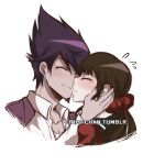  1boy 1girl bangs blush brown_hair closed_eyes closed_mouth collarbone collared_shirt couple criis-chan cropped_shoulders danganronpa face-to-face flying_sweatdrops hand_on_another&#039;s_head harukawa_maki hetero jacket jacket_on_shoulders long_sleeves low_twintails mole mole_under_eye momota_kaito new_danganronpa_v3 pink_jacket profile purple_hair red_scrunchie red_shirt sailor_collar scrunchie shirt spiked_hair tumblr_username twintails watermark web_address white_shirt 