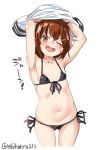  1girl armpits arms_up bikini black_bikini blush breasts brown_eyes brown_hair commentary_request duplicate ebifurya hair_ornament hairclip highres ikazuchi_(kantai_collection) kantai_collection long_hair looking_at_viewer navel one_eye_closed open_mouth simple_background small_breasts solo swimsuit twitter_username undressing white_background 