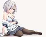  1girl arm_support bare_shoulders black_legwear blouse blue_eyes bra breasts cleavage collarbone gloves grey_skirt hair_ornament hair_over_one_eye hairclip hamakaze_(kantai_collection) kakizaki_(chou_neji) kantai_collection large_breasts looking_at_viewer open_mouth pantyhose pleated_skirt school_uniform serafuku short_hair short_sleeves silver_hair sitting skirt solo unbuttoned unbuttoned_shirt underwear white_blouse white_bra white_gloves 