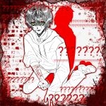  1boy ? ?? bleeding blood bluu_raiin commentary crazy_eyes crossed_bangs degrees_of_lewdity double-parted_bangs drop_shadow english_commentary full_body green_eyes hair_between_eyes highres hood hood_down hoodie kylar_(degrees_of_lewdity) kylar_(male)_(degrees_of_lewdity) looking_at_viewer male_focus open_mouth outstretched_arm red_pupils self-harm short_hair sitting sleeves_rolled_up solo sweatdrop translation_request wariza wrist_cutting 