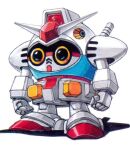  1980s_(style) chibi commentary_request gun gundam machine_gun mecha mecha_focus mobile_suit mobile_suit_gundam no_humans official_art ookawara_kunio parody promotional_art retro_artstyle robot rx-78-2_gundam scan science_fiction sd_gundam shadow sketch traditional_media v-fin weapon white_background yellow_eyes 