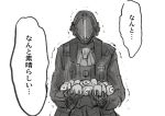  1boy ascot bondrewd cluseller coat commentary_request gloves greyscale hands_up helmet holding long_sleeves made_in_abyss male_focus monochrome shirt simple_background sketch solo talking translation_request upper_body white_background 