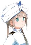  1girl bangs blonde_hair captain_nemo_(fate/grand_order) closed_mouth commentary_request fate/grand_order fate_(series) from_side gomennasai hat_feather light_frown long_hair low_twintails sidelocks simple_background solo tied_hair turban twintails upper_body white_background 