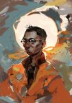  1boy aegyo_sal black_hair bomber_jacket cigarette commentary disco_elysium english_commentary glasses highres inkeyjay jacket kim_kitsuragi looking_at_viewer male_focus orange_jacket painterly round_eyewear smoke smoke_trail solo sun_behind_head upper_body 