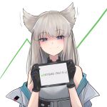  1girl absurdres arknights arknights:_endfield bare_shoulders black_gloves blue_eyes blush closed_mouth commentary english_commentary gloves graph grey_gloves grey_hair grey_pupils highres holding holding_tablet_pc lavriell looking_at_viewer medium_hair meme motion_lines off_shoulder perlica_(arknights) simple_background smile smug solo split_mouth stocks stonks_(meme) tablet_pc upper_body white_background 