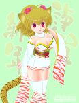 1girl akira_m animal_ear_fluff animal_ears animal_print artist_name blonde_hair breasts chinese_zodiac cleavage commentary dated detached_sleeves feet_out_of_frame flower fur_collar furisode_sleeves green_background hair_flower hair_ornament hand_in_own_hair hand_up highres japanese_clothes kimono large_breasts long_sleeves looking_at_viewer medium_hair new_year obi obiage obijime open_mouth original ponytail print_kimono print_sleeves print_thighhighs red_eyes red_flower sash short_kimono skindentation sleeves_past_wrists smile solo standing strapless_kimono tail thighhighs thighs tiger_ears tiger_girl tiger_print tiger_tail web_address white_kimono white_thighhighs wide_sleeves year_of_the_tiger yellow_sash 