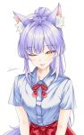  1girl ;p absurdres ahoge animal_ear_fluff animal_ears bow breasts collared_shirt commentary fox_ears fox_girl fox_tail hakama highres japanese_clothes long_hair looking_at_viewer one_eye_closed ponytail purple_hair red_bow red_hakama red_skirt shirt short_sleeves signature simple_background skirt solo stellive tail tenko_shibuki tongue tongue_out upper_body very_long_hair vini_(frisco) virtual_youtuber white_background white_shirt yellow_eyes 