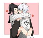  1boy 1girl aqua_eyes arms_around_neck black_hair bleach bleach:_sennen_kessen-hen carrying carrying_person commentary english_commentary haori hatching_(texture) heart hetero high_ponytail highres hitsugaya_toushirou hug japanese_clothes kurosaki_karin leg_lock long_sleeves open_mouth ponytail school_uniform serafuku shihakusho silegesi smile socks taichou_haori white_hair white_socks 