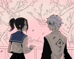  1boy 1girl black_hair bleach bleach:_sennen_kessen-hen commentary english_commentary from_behind green_eyes haori high_ponytail highres hitsugaya_toushirou japanese_clothes kurosaki_karin long_sleeves petals ponytail railing school_uniform serafuku shihakusho silegesi taichou_haori tree white_hair 