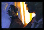  2boys backlighting bomber_jacket cigarette close-up collared_shirt disco_elysium glasses harry_du_bois highres jacket kim_kitsuragi male_focus multiple_boys necktie p3stie portrait round_eyewear shirt smoke smoke_trail smoking white_shirt window_light 