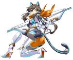  1girl aiming aiming_at_viewer animal_ears arrow_(projectile) ass asymmetrical_footwear blue_bodysuit blue_tail bodysuit boots breasts brown_hair cat_ears cat_tail closed_mouth crossbow crossbow_bolt fake_animal_ears fake_tail finger_on_trigger floating_hair floating_scarf from_side full_body game_cg hair_between_eyes hair_ornament hair_scrunchie hand_on_ground high_heel_boots high_heels holding holding_crossbow holding_weapon impossible_bodysuit impossible_clothes incoming_attack kneeling langrisser langrisser_mobile langrisser_re:incarnation long_hair long_sidelocks looking_at_viewer looking_to_the_side low-tied_sidelocks low_ponytail mechanical_tail medium_breasts multicolored_bodysuit neon_trim official_alternate_costume official_art on_one_knee orange_bodysuit orange_eyes orange_scarf ponytail scarf scope scrunchie second-party_source serious shiny_clothes short_eyebrows sidelocks simple_background single_thigh_boot skin_tight solo tachi-e tail thigh_boots transparent_background tsubame_(langrisser) weapon white_bodysuit white_boots 