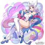  1girl ass blue_footwear blue_nails breasts choker cleavage cloud_hair detached_sleeves dragonair full_body gen_1_pokemon high_heels horns jewelry large_breasts leotard lipstick long_hair looking_at_viewer magical_girl makeup personification pink_eyes pokemon redjet ring simple_background single_horn smile solo tail thighhighs thighs watermark web_address white_background white_hair white_legwear 