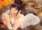  autumn breasts brown_hair cleavage leaves onsen original red_eyes takocha towel water wet 