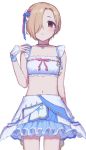  1girl alternate_costume bangs bare_shoulders blonde_hair blue_choker blue_skirt blush breasts chiyoko_(tykchiyo) choker collarbone cowboy_shot frilled_skirt frills gem hair_ornament hair_over_one_eye hair_ribbon highres idolmaster idolmaster_cinderella_girls jewelry layered_skirt looking_at_viewer miniskirt navel necklace parted_lips red_eyes ribbon shirasaka_koume short_hair simple_background skirt small_breasts solo stomach white_background 