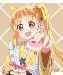  1girl :d absurdres ahoge apron blonde_hair bocchi_the_rock! bow brown_background choppy_bangs commentary_request cookie food foodification frilled_apron frills gotoh_hitori grid_background hair_ornament highres holding holding_cookie holding_food ijichi_nijika japanese_clothes kanzashi kimono long_hair looking_at_viewer maid_apron open_mouth orange_eyes plate polka_dot polka_dot_bow reaching reaching_towards_viewer red_bow side_ponytail smile solo upper_body vbpicture white_apron yellow_kimono 