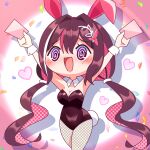  1girl @_@ animal_ears arms_up azki_(hololive) black_leotard blush breasts card chibi chibi_only colored_inner_hair commentary detached_collar double-parted_bangs fake_animal_ears fake_tail fishnet_pantyhose fishnets foot_out_of_frame hair_between_eyes hair_intakes hair_ornament hairclip highres holding holding_card hololive kuro_(kuro1221_illu) leotard long_hair low_twintails medium_breasts multicolored_hair official_alternate_hairstyle open_mouth pantyhose pink_hair pink_streaks playboy_bunny purple_eyes rabbit_ears rabbit_tail solo strapless strapless_leotard streaked_hair tail twintails very_long_hair virtual_youtuber white_streaks 