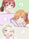  3girls :d absurdres braid braided_bangs brown_hair buttons closed_eyes collared_shirt commentary_request double-breasted eighth_note emma_verde frilled_pillow frills green_ribbon grey_hair hair_ribbon highres ishimochi_(daleka333) konoe_kanata long_sleeves looking_at_viewer love_live! love_live!_nijigasaki_high_school_idol_club mia_taylor multiple_girls musical_note open_mouth pillow ponytail purple_pillow raised_inner_eyebrows ribbon shirt sleepy smile spoken_expression spoken_musical_note spoken_zzz tokimeki_no_mirai_chizu u_u white_shirt zzz 