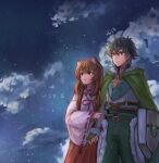 1boy 1girl :| adapted_costume animal_ear_fluff animal_ears arm_shield armor artist_name belt black_belt black_hair black_shirt breastplate brown_belt brown_hair cloak closed_mouth cloud cloudy_sky collared_shirt commentary_request commission cowboy_shot expressionless fur-trimmed_armor fur-trimmed_hood fur_trim green_armor green_cloak green_eyes grey_armor hair_between_eyes hakama hakama_skirt hetero high_collar holding_another's_arm holding_hands hood hood_down hooded_cloak iwatani_naofumi japanese_clothes layered_shirt legendary_shield_(small_shield)_(tate_no_yuusha_no_nariagari) legendary_shield_(tate_no_yuusha_no_nariagari) long_hair long_sleeves messy_hair miko night raccoon_ears raccoon_girl raphtalia red_eyes red_hakama red_ribbon red_skirt ribbon ribbon-trimmed_sleeves ribbon_trim shirt short_hair sidelocks signature skeb_commission skirt sky star_(sky) starry_sky straight_hair tate_no_yuusha_no_nariagari watermark white_kosode white_shirt wide_sleeves wss_(nicoseiga19993411) 