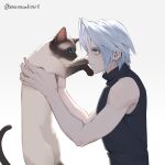  1boy aged_down animal bare_arms bare_shoulders cat closed_mouth final_fantasy final_fantasy_vii final_fantasy_vii:_ever_crisis from_side green_eyes grey_background grey_hair highres holding holding_animal male_focus mixed-language_commentary profile sephiroth sephiroth_(ever_crisis) short_hair sleeveless sleeveless_turtleneck sweater turtleneck turtleneck_sweater twitter_username upper_body zi_(murasaki0615) 