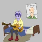 acoustic_guitar anon_(snoot_game) anthro bald bed bedding black_bottomwear black_clothing black_pants boots bottomwear breasts cavemanon_studios ceratopsian ceratopsid chasmosaurine clothed clothed_anthro clothed_female clothing colored dinosaur facial_horn female fingers footwear frill_(anatomy) front_view furniture glistening glistening_head goodbye_volcano_high green_clothing green_jacket green_topwear guitar hair hi_res holding_guitar holding_musical_instrument holding_object hoodie horn human humanoid_hands jacket ko_op_(game_developer) looking_down lorikani mammal marginocephalian markings medium_breasts musical_instrument non-mammal_breasts on_bed ornithischian pants pillow plucked_string_instrument poster_(object) prehistoric_species purple_eyes purple_hair red_boots red_clothing red_footwear reptile scalie shaded shoes short_hair sitting smile snoot_game solo spots spotted_markings string_instrument striped_markings stripes topwear triceratops trish_(gvh) yellow_clothing yellow_hoodie yellow_topwear