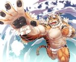  1boy abs ahoge animal_ears bara bare_pecs belly blue_eyes bulge chest_tattoo feet_out_of_frame fingernails foreshortening forked_eyebrows furry fute_(mti777) hand_on_own_chest highres hombre_tigre_(tokyo_houkago_summoners) male_focus male_swimwear muscle navel nipples one_eye_closed open_hand paws pectorals plump sharp_fingernails short_hair smile solo swim_briefs swimwear tail tattoo thick_eyebrows thick_thighs thighs tiger_boy tiger_ears tiger_tail tokyo_houkago_summoners white_hair 