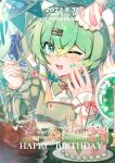 1girl absurdres aqua_background aqua_eyes aqua_hair aqua_nails balloon birthday birthday_cake bouquet bow buttons cake collar crossed_bangs detached_collar donut dot_nose eating eyelashes flower food frilled_shirt frilled_wrist_cuffs frills fur-trimmed_headwear fur_trim garland_(decoration) green_bow green_collar green_shirt hair_between_eyes hair_ornament hairclip halftone hand_on_own_cheek hand_on_own_face happy happy_birthday hat hatsune_miku highres holding holding_spoon light_blush long_hair mini_party_hat moyu_de_liang nail_polish neck_ribbon one_eye_closed open_mouth outline parallel_hairclips pink_bow pink_hat pink_ribbon plate pom_pom_(clothes) red_flower red_rose ribbon rose shirt single_wrist_cuff smile spoon square_neckline twintails two-tone_headwear upper_body very_long_hair vocaloid white_hat white_outline white_wrist_cuffs wrist_bow wrist_cuffs 