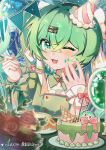  1girl absurdres aqua_background aqua_eyes aqua_hair aqua_nails balloon birthday birthday_cake bouquet bow buttons cake collar crossed_bangs detached_collar donut dot_nose eating eyelashes flower food frilled_shirt frilled_wrist_cuffs frills fur-trimmed_headwear fur_trim garland_(decoration) green_bow green_collar green_shirt hair_between_eyes hair_ornament hairclip halftone hand_on_own_cheek hand_on_own_face happy happy_birthday hat hatsune_miku highres holding holding_spoon light_blush long_hair mini_party_hat moyu_de_liang nail_polish neck_ribbon one_eye_closed open_mouth outline parallel_hairclips pink_bow pink_hat pink_ribbon plate pom_pom_(clothes) red_flower red_rose ribbon rose shirt signature single_wrist_cuff smile spoon square_neckline twintails two-tone_headwear upper_body very_long_hair vocaloid white_hat white_outline white_wrist_cuffs wrist_bow wrist_cuffs 