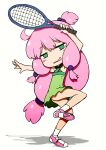  1girl ahoge aqua_eyes ass beeru_(veil8801) commentary_request deformed dress flat_chest full_body green_dress hair_bobbles hair_ornament highres holding holding_tennis_racket long_hair low-tied_long_hair low-tied_sidelocks no_nose one_side_up open_mouth pink_hair racket shadow shinjou_kanae_(teekyuu) short_dress sidelocks simple_background socks solo teekyuu tennis_racket white_background white_socks 