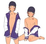  1boy absurdres armpit_crease blush bottomless brown_hair clothes_down collarbone commentary cuntboy hands_in_pockets highres jacket k-project male_focus multiple_views navel parted_lips pubic_hair purple_jacket short_hair shoulder_tattoo simple_background sitting standing tattoo teeth treslech3s wariza white_background white_sleeves yata_misaki 
