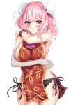  1girl armpits bandaged_arm bandages black_panties blush breasts commentary_request eyebrows_visible_through_hair flower ibaraki_kasen kerotsupii_deisuku large_breasts looking_at_viewer naked_tabard panties pink_eyes pink_flower pink_hair pink_rose rose short_hair side-tie_panties simple_background solo tabard touhou underwear white_background 