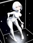  1girl absurdres black_background bob_cut bodysuit breasts collarbone commentary_request covered_navel eyebrows_visible_through_hair guxu highres holding holding_mask impossible_bodysuit impossible_clothes in_container large_breasts leaning_forward looking_at_viewer mask original short_hair skin_tight smile solo standing white_bodysuit white_eyes white_hair zentai 