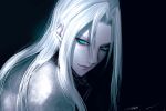  1boy armor black_background black_coat closed_mouth coat final_fantasy final_fantasy_vii final_fantasy_vii_remake green_eyes grey_hair hashtag-only_commentary highres lips long_hair looking_at_viewer male_focus parted_bangs sephiroth shoulder_armor signature slit_pupils solo u66_vv upper_body 