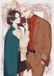  1boy 1girl arm_above_head belt black_skirt blue_jacket brown_hair brown_jacket brown_pants commentary_request couple cover earrings finger_on_another's_head green_eyes hand_in_pocket hand_on_another's_chin hetero highres ichimaru_kohaku jacket jewelry lips long_sleeves looking_at_viewer mika_yamamori official_art pants parted_bangs parted_lips patterned_clothing polka_dot polka_dot_scarf polka_dot_shirt purple_eyes red_lips red_shirt red_sweater scarf shirt short_hair skirt sleeves_rolled_up sweater takiguchi_yoi turtleneck turtleneck_sweater uruwashi_no_yoi_no_tsuki white_background white_hair yellow_scarf yellow_shirt 