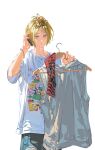  1boy absurdres bangs_pinned_back baozaohuang bilingual_commentary black_roots blonde_hair cellphone chinese_commentary clothes_hanger commentary_request denim detached_sleeves english_commentary haikyuu!! highres holding holding_clothes_hanger holding_phone hood hoodie jeans kozume_kenma looking_at_viewer male_focus mixed-language_commentary multicolored_hair pants phone roots_(hair) shirt short_hair simple_background sleeveless sleeveless_hoodie slit_pupils smartphone solo talking_on_phone torn_clothes torn_jeans torn_pants unworn_hoodie unworn_sleeves white_background white_shirt yellow_eyes 