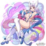  1girl ass blue_footwear blue_nails breasts choker cleavage cloud_hair detached_sleeves dragonair full_body gen_1_pokemon high_heels horns jewelry large_breasts lipstick long_hair looking_at_viewer magical_girl makeup navel personification pink_eyes pokemon redjet ring simple_background single_horn slingshot_swimsuit smile solo swimsuit tail thighhighs thighs watermark web_address white_background white_hair white_legwear 