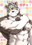  1boy abs animal_ears bara body_hair chest_hair completely_nude cover cover_page doujin_cover furry grey_fur grey_hair hand_on_own_shoulder headband highres horkeu_kamui_(tokyo_houkago_summoners) kumak looking_at_viewer male_focus muscle navel nipples nude pectorals short_hair smile solo tail tokyo_houkago_summoners two-tone_fur upper_body white_fur wolf_boy wolf_ears wolf_tail yellow_eyes 