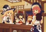  4girls :d apron arm_rest bar black_hair black_headwear black_vest blonde_hair blue_apron blue_skirt bottle bow bowl braid ceiling ceiling_light choko_(cup) closed_eyes cravat cup detached_sleeves elbow_rest fang hair_bow hair_tubes hakurei_reimu hat hat_bow holding holding_bottle holding_cup holding_tray horns ibuki_suika indoors kirisame_marisa long_hair looking_at_another looking_back multiple_girls okunoda_miyoi open_door open_mouth orange_hair pink_hair ponytail puffy_short_sleeves puffy_sleeves red_vest renzaoshen shirt short_hair short_sleeves single_braid sitting skirt sliding_doors smile tokkuri touhou tray vest waist_apron whale_hat white_shirt witch_hat wrist_cuffs yellow_eyes yellow_neckwear 