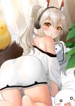  1girl :3 :o absurdres all_fours ass ayanami_(azur_lane) ayanami_(niconico)_(azur_lane) azur_lane bandaid bandaid_on_face bare_shoulders barefoot bed bed_sheet blinds blonde_hair blurry blurry_foreground blush blush_stickers commentary_request depth_of_field dutch_angle feet_out_of_frame hair_between_eyes headgear highres leaf long_hair long_shirt looking_at_viewer looking_back loose_clothes loose_shirt manjuu_(azur_lane) niconico nightstand o_o off-shoulder_shirt off_shoulder onabe_no_shime open_mouth orange_eyes ponytail shirt solo thighs white_shirt 