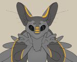  3_fingers anthro avali avii_cinderfeather black_eyes feathers fingers grey_body hi_res multicolored_body multicolored_feathers patreon simple_background solo stripes two_tone_body two_tone_feathers ych_base yellow_stripes 