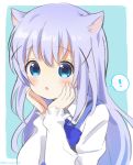 ! 1girl animal_ears bangs blue_background blue_eyes blush cat_ears commentary_request gochuumon_wa_usagi_desu_ka? hair_ornament hands_on_own_face kafuu_chino long_hair long_sleeves looking_at_viewer mozukun43 open_mouth rabbit_house_uniform solo spoken_exclamation_mark twitter_username two-tone_background white_background x_hair_ornament 