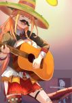  2girls absurdres acoustic_guitar amane_kanata bow boyal closed_eyes diagonal-striped_bow door doorway dragon_girl dragon_horns dragon_tail eyebrows_visible_through_hair fake_facial_hair fake_mustache guitar hat highres hololive horn_bow horns instrument kiryuu_coco long_hair multicolored_hair multiple_girls music nightcap open_mouth orange_hair pajamas pointy_ears short_hair silver_hair singing sombrero tail twitter_username virtual_youtuber 