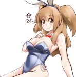  1girl animal_ears bare_legs blue_leotard bow bowtie breasts brown_eyes bunny_ears character_name cleavage covered_navel detached_collar eyebrows_visible_through_hair fake_animal_ears finger_to_mouth i-26_(kantai_collection) kantai_collection leotard light_brown_eyes light_brown_hair lips long_hair looking_at_viewer medium_breasts playboy_bunny red_ribbon ribbon simple_background sitting smile solo strapless strapless_leotard two_side_up uzuki_kosuke white_background wrist_cuffs 