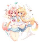  2girls :d amamiya_aki amamiya_mei animal_ear_fluff animal_ears bangs blonde_hair blue_eyes blue_sailor_collar blue_skirt blush bow breasts commentary_request eyebrows_visible_through_hair fingernails fox_ears fox_girl fox_tail good_twins_day hair_between_eyes hair_ornament hairclip hand_up highres holding_hands interlocked_fingers large_breasts long_hair looking_at_viewer midriff mofu-mofu_after_school mofumofu_channel multiple_girls navel no_shoes open_mouth outstretched_arm p19 pink_hair plaid plaid_bow red_bow red_eyes sailor_collar school_uniform serafuku shirt short_sleeves siblings sisters skirt smile socks stapler tail thighhighs twins twintails very_long_hair white_background white_legwear white_shirt x_hair_ornament yellow_bow 