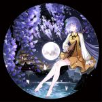  1girl architecture bare_legs barefoot bug butterfly chain circle closed_eyes east_asian_architecture feet flower frame full_moon hair_flower hair_ornament in_tree insect instrument moon music night night_sky playing_instrument purple_hair seeker short_hair sitting sitting_in_tree sky touhou tree tsukumo_benben water_surface wisteria 