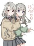  2girls :o bangs black_ribbon blue_eyes braid braided_bangs brown_cardigan brown_eyes cardigan collared_shirt commentary_request dated earrings eyebrows_visible_through_hair finger_gun good_twins_day green_cardigan grey_hair grey_skirt hair_over_shoulder hair_ribbon highres hisakawa_hayate hisakawa_nagi idolmaster idolmaster_cinderella_girls idolmaster_cinderella_girls_starlight_stage jewelry long_hair long_sleeves looking_at_viewer low_twintails multiple_girls necktie parted_lips pleated_skirt puffy_long_sleeves puffy_sleeves red_neckwear ribbon shirt shiwa_(siwaa0419) siblings simple_background sisters skirt sleeves_past_wrists translation_request twins twintails very_long_hair white_background white_shirt 