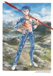  1boy abs blue_hair bodypaint bracelet crescent_necklace cu_chulainn_(fate)_(all) detached_sleeves earrings fate/grand_order fate/stay_night fate_(series) gae_bolg hand_on_hip holding holding_polearm holding_weapon jewelry lancer looking_at_viewer male_focus marker_(medium) mountain muscle navel nib_pen_(medium) one_eye_closed ousaka_tama outdoors pants polearm red_eyes short_hair skin_tight sky smile solo spiked_hair strap traditional_media type-moon weapon 