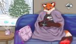  ambiguous_gender anthro beverage black_clothing branch canid canine clothing comfy_cozy destiny_(video_game) destiny_2 female fox furniture ghost ghost_(destiny) herm hi_res ice intersex male maleherm mammal purple_background pyroashes simple_background snow snowing_outside sofa spirit table tea tree winter 