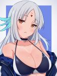  1girl azur_lane black_choker black_jacket body_markings breasts choker dark_skin dark_skinned_female eyebrows_visible_through_hair facial_mark feather_hair_ornament feathers forehead_mark hair_feathers highres jacket large_breasts massachusetts_(azur_lane) native_american off-shoulder_jacket open_clothes open_jacket open_mouth orange_eyes simple_background solo tyoge8 upper_body white_hair 