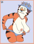  2019 anthro ashesg belly big_breasts breasts clenched_teeth clothed clothing deep_navel felid female frosted_flakes jewelry kellogg&#039;s mammal mature_female mrs._tony navel necklace nipples pantherine panties panty_pull portrait sagging_breasts slightly_chubby solo teeth three-quarter_portrait tiger topless underwear 